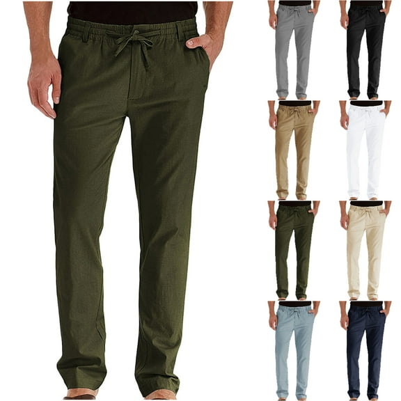 Xzbqbs Mens Cotton Casual Lightweight Pants Elastic Waist Drawstring Tapered Sweatpants Summer Yoga Beach Long Pants with Pockets