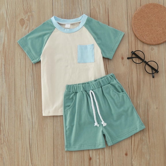 Toddler Boys Clothes 2-Piece Short Sleeve Patchwork T Shirt Tops and Shorts Outfits Sets Size 18-24 Months ,Blue