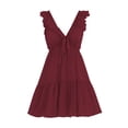 thumbnail image 4 of Women's Solid Color Sleeveless V Neck Mini Dress Ruffle Petal Sleeve Tiered Summer Dress Wine S(S), 4 of 7