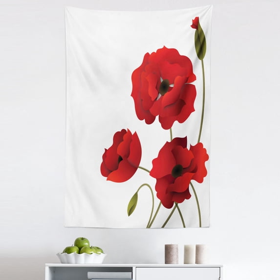 Floral Tapestry, Poppy Flowers Petals with Buds Pastoral Purity Mother Earth Nature Design Print, Fabric Wall Hanging Decor for Bedroom Living Room Dorm, 5 Sizes, Red and Green, by Ambesonne