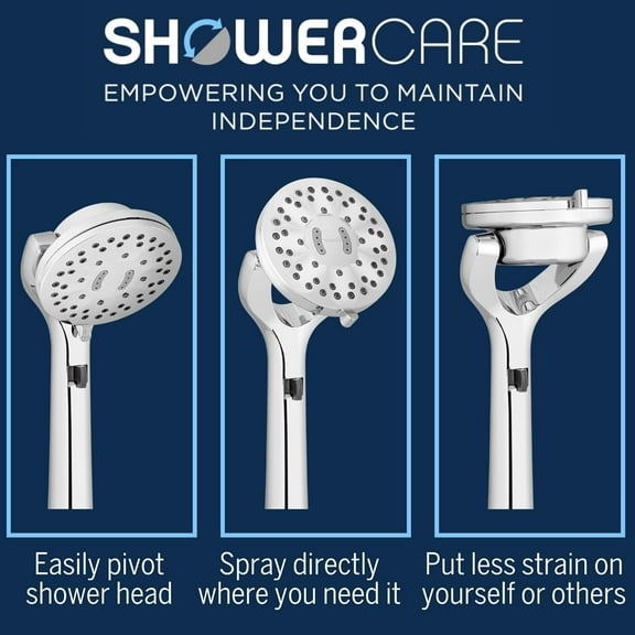 ShowerCare Pivoting Hand Held Shower Head, Chrome - Five Modes Including PowerPulse Therapeutic Massage - 180-Degree Rotation, Eight ft. Metal Hose