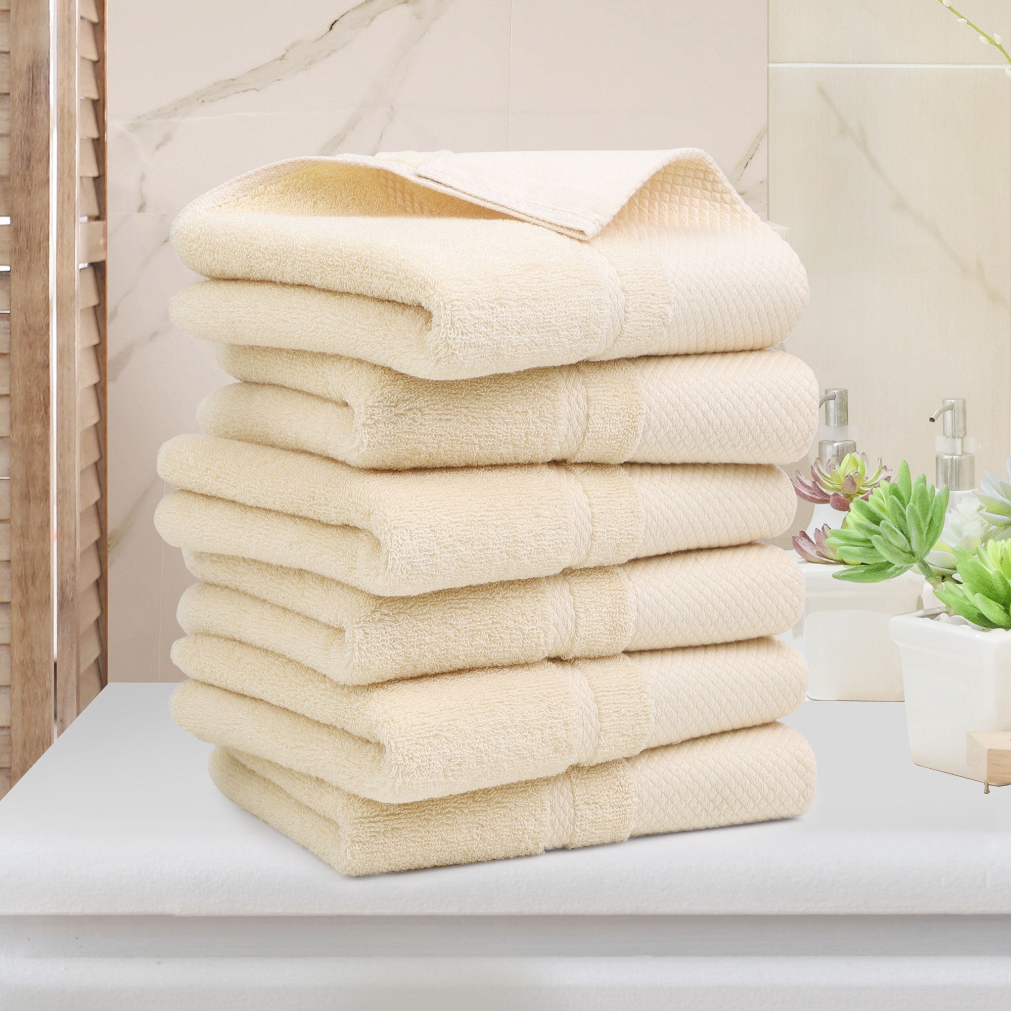 Unique Bargains 100% Cotton Absorbent Hand Towel Set 14"x30" Champagne 6 Pcs