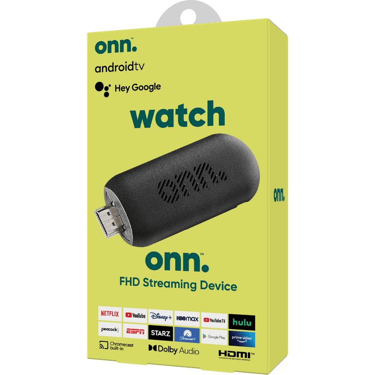 onn. Android TV 2K FHD Streaming Stick with Remote Control & Power Adapter  