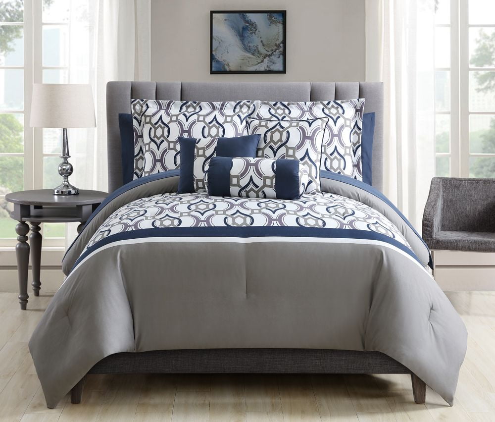 10 Piece Trinity Navy Taupe White Comforter Set W Sheets Com