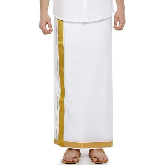 Stylesindia Pure Cotton Double Layer Dhoti Vesti Mundu Golden Zari Broad Border Dhoti 3.6 Meter-Cream