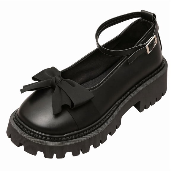 CHICVOMEY Women's Black Bow Mary Jane Platform Shoes, Adjustable Ankle Strap Chunky Lug Sole Loafers, Comfortable Round Toe Lolita Shoes for Work School Travel Dating Casual