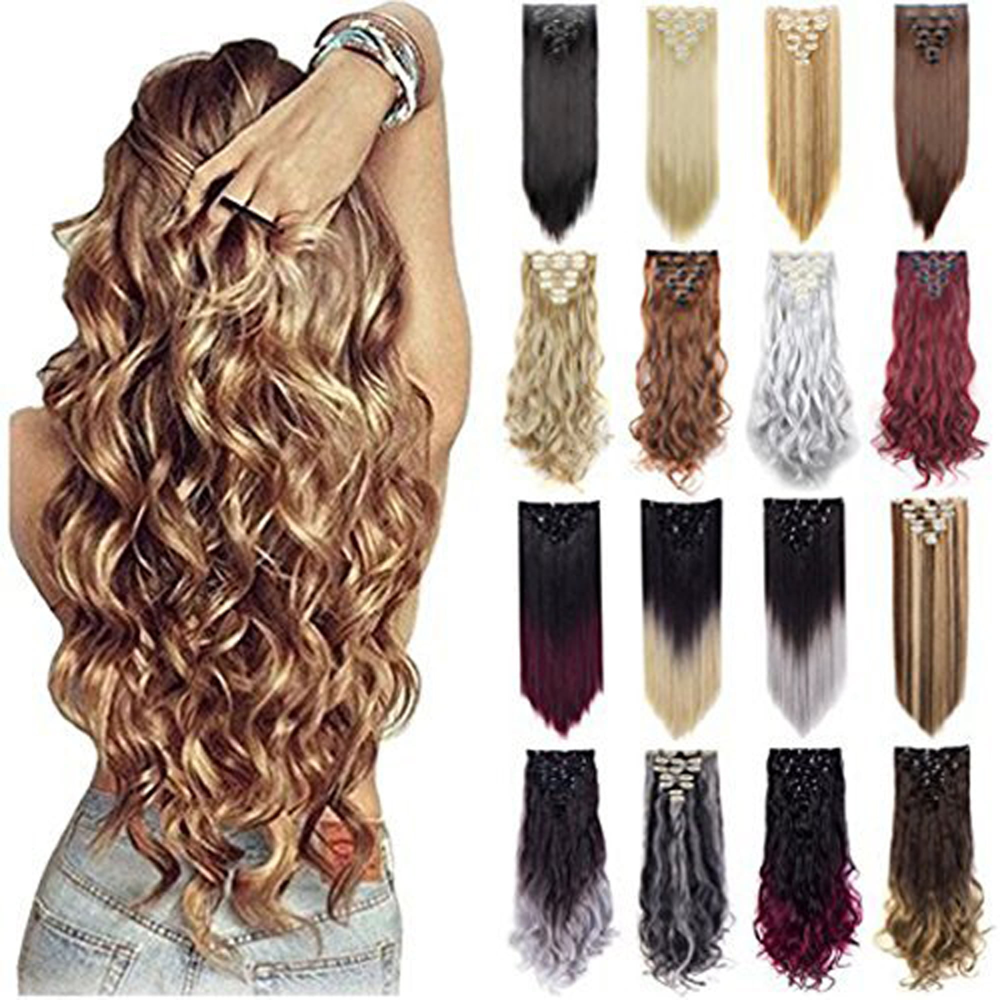 Women Fashion 7piece Doublelayer Full Head Hair Extension 16 Clips