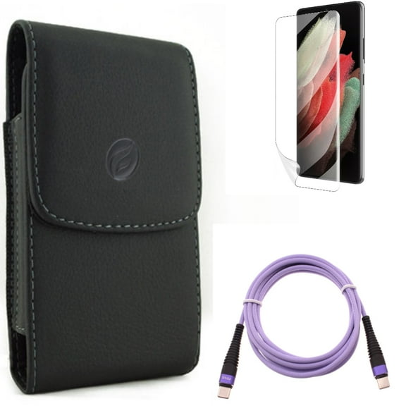 Purple 6ft PD Cable & Case Belt Clip & Matte Screen Protector for Samsung Galaxy S22 Plus (S22 ) - Combo Type-C to USB-C Long Charger Cord Power & Leather Holster Cover & TPU Film Anti-Glare