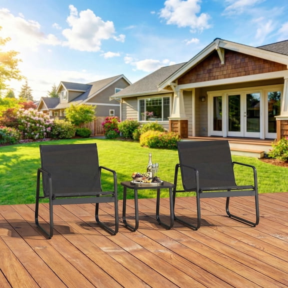 3-Piece Outdoor Patio Furniture Set, Modern Textilene Conversation Set with Coffee Table, All-Weather Bistro Set for Lawn, Balcony, Backyard, and Porch, Black