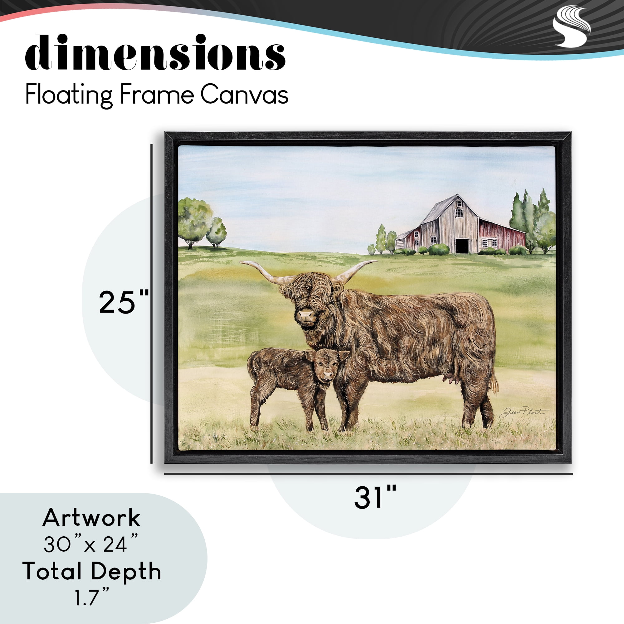 Highland Cow And Calf Black Framed Floater Canvas Wall Art, design by Jean Plout