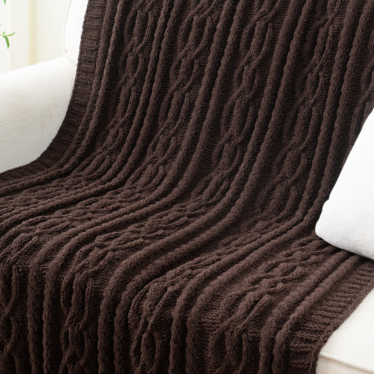 Battilo Chocolate Brown Chenille Throw Blanket, Soft Woven Knit Decorative Blanket for Couch Bed,51"x67"