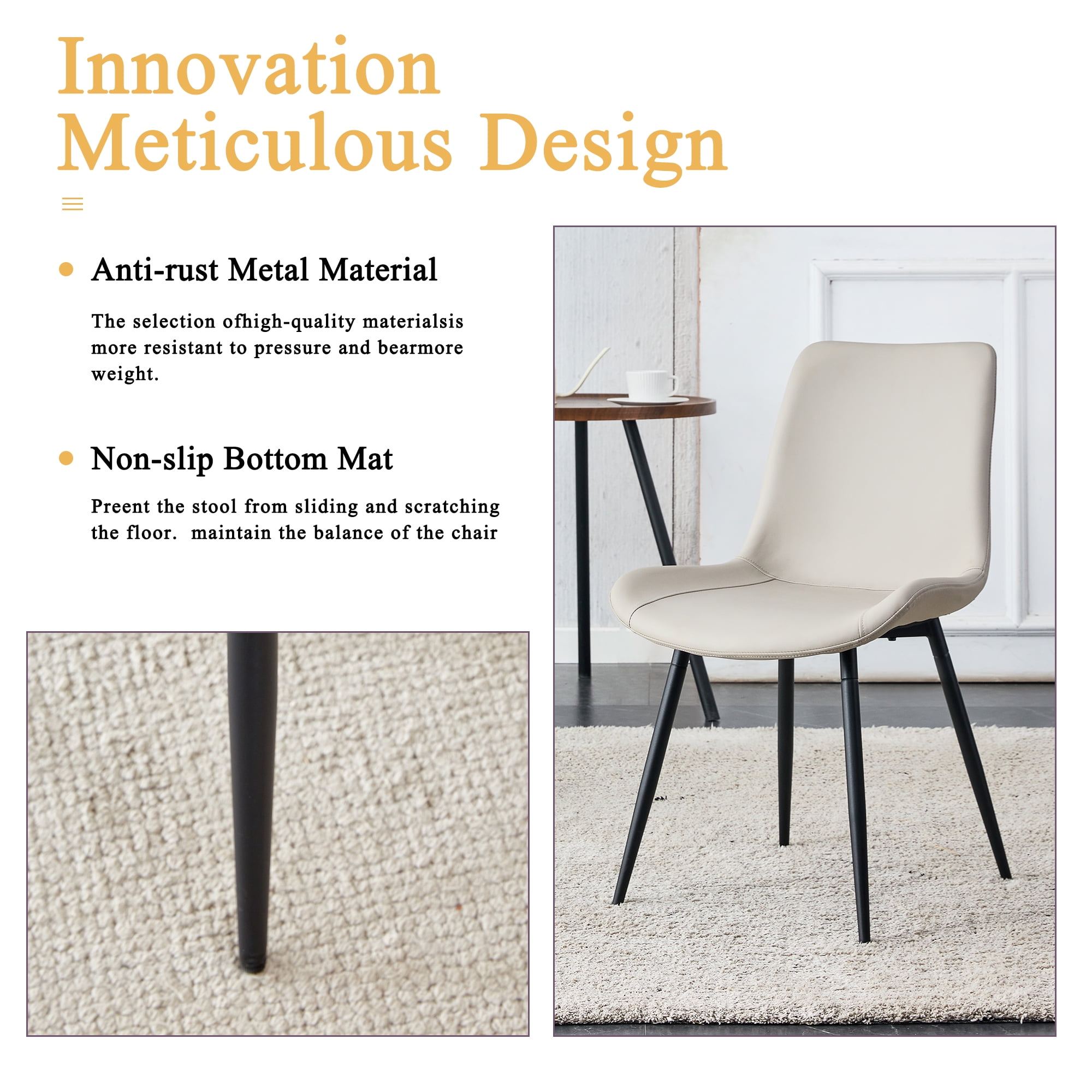 SUDICA Dining Room Chairs, Light Gray Faux Leather, Black Metal Legs, Set of 4