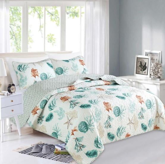 Details about   NEW ~ BEAUTIFUL BEACH OCEAN COASTAL BLUE GREY GREEN CORAL SHELL LEAF QUILT SET 