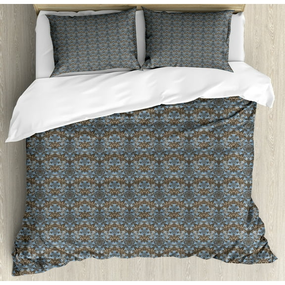 Ambesonne Antique Oriental Duvet Cover Set, Folk Grunge Art, King, Pale Sky Blue Pale Sepia