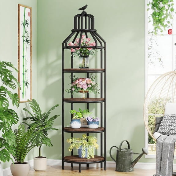 Birdcage Corner Bookshelf, 4-Tier Round Storage Shelf, Vintage Wood & Black Metal, Narrow Floor Standing Bookcase for Living Room, Bedroom, Home Office