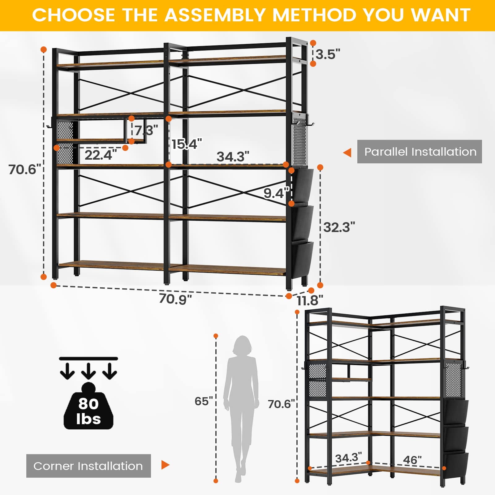 5-Tier Black Storage Rack,Reversible 70.8