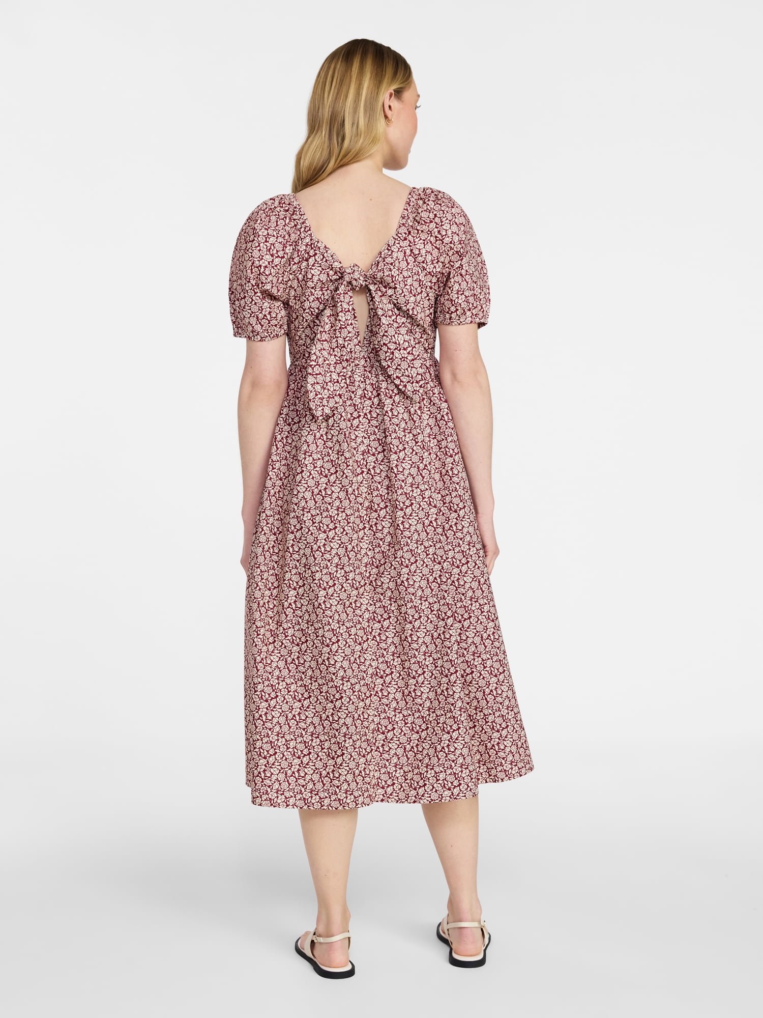 Time and Tru Women's and Women's Plus Cotton Back Tie Midi Dress with Short Puff Sleeves, Sizes XS-4X