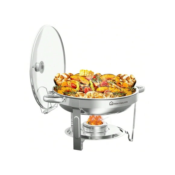Chafing Dishes For Buffet 5QT 1Pack, [95% Pre-Assembled] Round Chafing Dishes Buffet Set W/Glass Lid & Lid Holder, Stainless Steel Chafers And Buffet Warmers Sets For Parties, Wedding