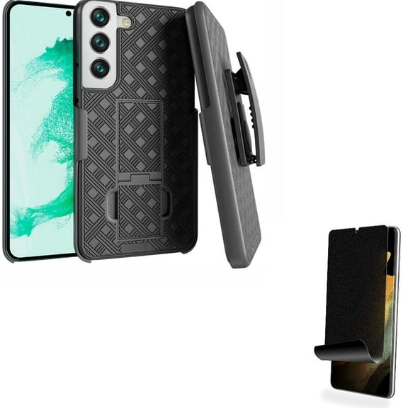 Privacy Screen Protector w Case Belt Clip for Samsung Galaxy S22 Plus Phone - TPU Film Fingerprint Works Anti-Peep Anti-Spy, Holster Swivel Cover Kickstand Accessory Bundle