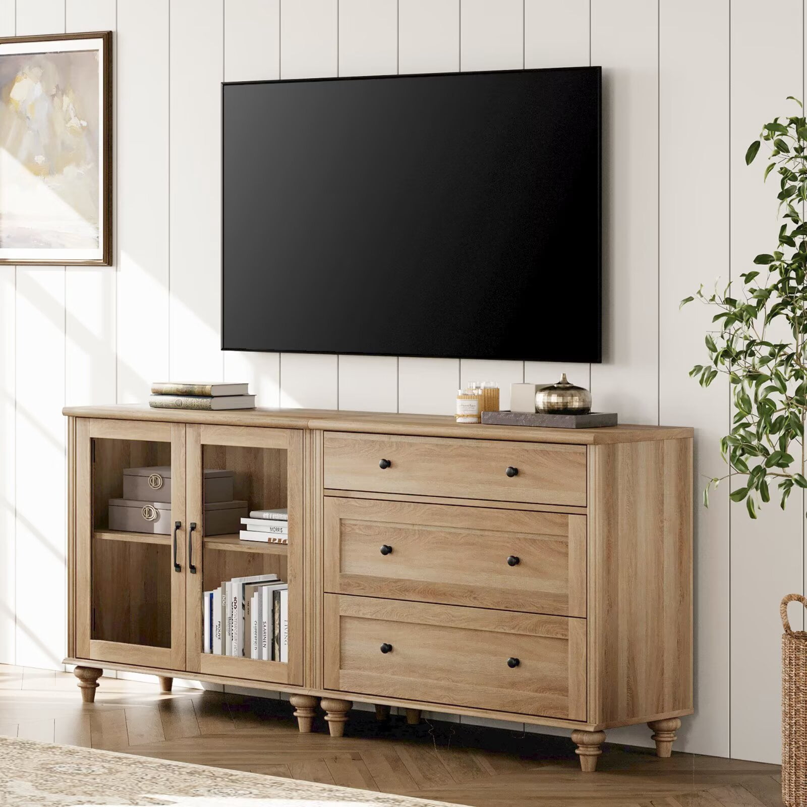 Wooden TV Stand for 75-Inch TV, Entertainment Center with 2-in-1 Sideboard Buffet Cabinet, Glass Door & Drawer for Living Room and Kitchen, Oak Finish