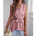 thumbnail image 5 of Women V Neck Wrap Blouse Tie Waist Sleeveless Irregular Hem Pure Color Dressy Belted Shirt Pink L, 5 of 8