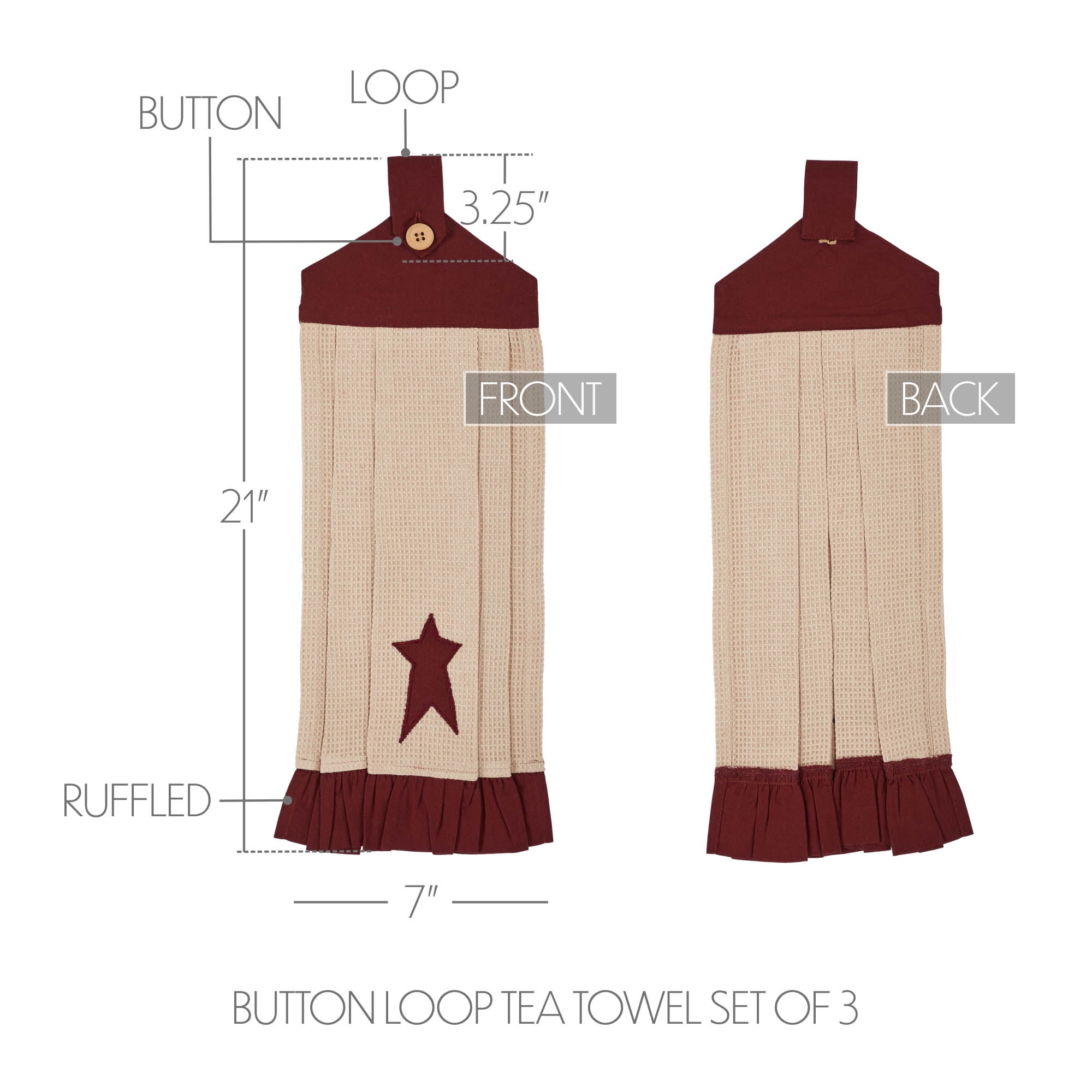 VHC Brands Cotton Connell Button Loop Kitchen Towel Set of 3, Hanging Kitchen Towel, Appliqued, Bath, Kitchen, Connell Collection, Rectangle 21x7, Star, Burgundy