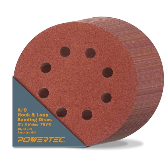 POWERTEC 75PK, 5 Inch 8 Hole Hook and Loop Sanding Discs, 40/60/80, Assorted Grits Sandpaper for Random Orbital Sanders, 45051