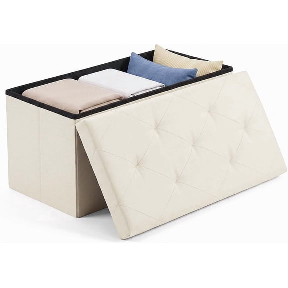 Simenmax 30-Inch Folding Storage Ottoman Bench, Linen Foot Rest Stool with Padded Seat, Heavy-Duty Bedroom Bench for Living Room, Entryway, or Home Office,Beige