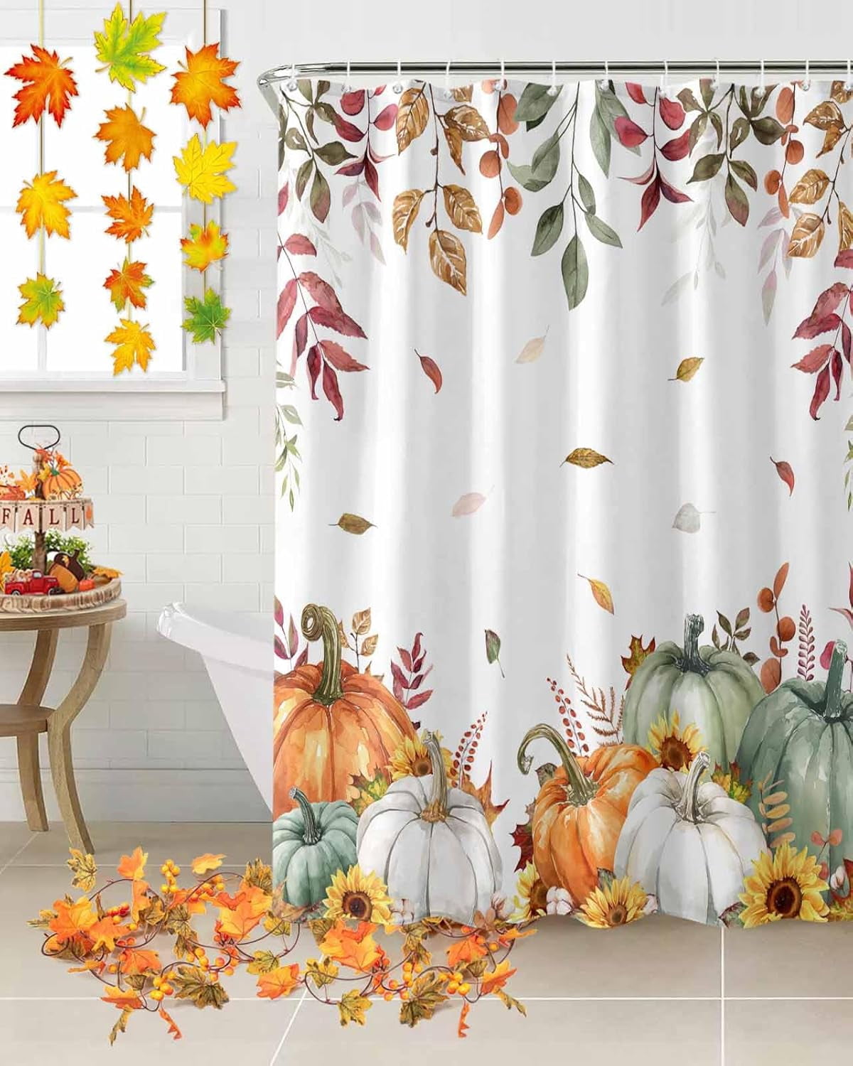 Fall Shower Curtain Sage Green Pumpkin Shower Curtains for Bathroom Sunflower Floral Eucalyptus Leaves Bath Curtains Sets with Hooks for Autumn Thanksgiving Seasonal Decor Extra Long 72" X 84"