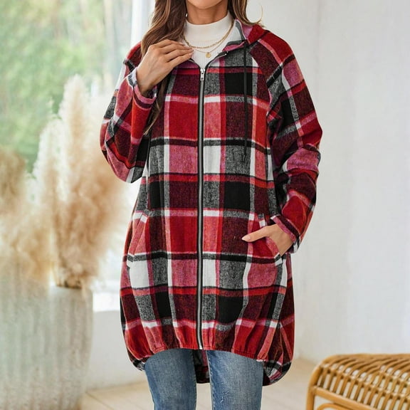 Guzom Womens Plaid Hooded Coat - Red, Polyester-Cotton Blend, Full-Zip Mid-Length, S-XXL, Casual with Pockets & Ribbed Cuffs for Spring Fall,Size XL