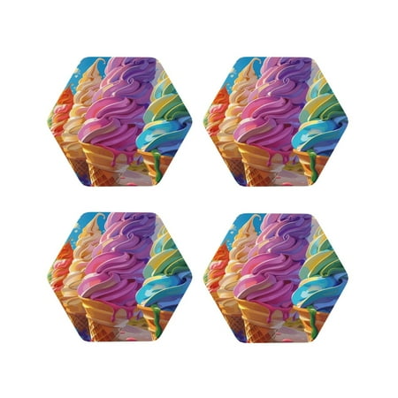 

Junzan Rainbow Melting Ice Cream Print Coasters for Drinks - Leather Coasters Set of 4 for Coffee Table for Housewarming/Kitchen/Bar/Decor-Hexagon