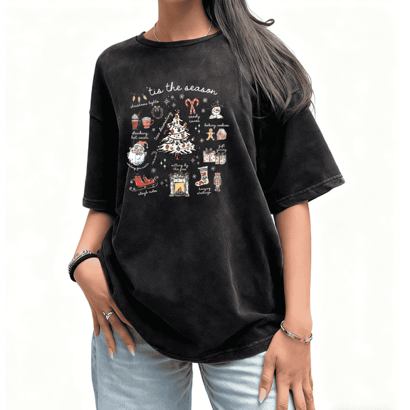 Women's Tis The Season Christmas Icons Graphic T Shirt Casual Festive Graphic Cotton Black S-2XL Plus Size
