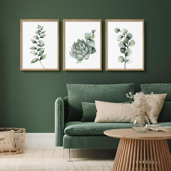 PixonSign Framed Wall Art Minimalist Watercolor Greenery Succulent Posters, Set of 3 Garden Plants Illustrations Wall Decor, Adhesive Canvas Prints for Home Decor - 12"x16" Natural