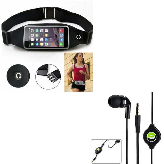 Black Sports Running Workout Waist Bag Belt Case w Retractable Headset MONO Hands-free Earphone Mic K6P for Alcatel Avalon V, A30 Plus, REVVL 2, Pop 3, Idol 5S 5 4S 4 3, Fierce 4 2, 1x Evolve