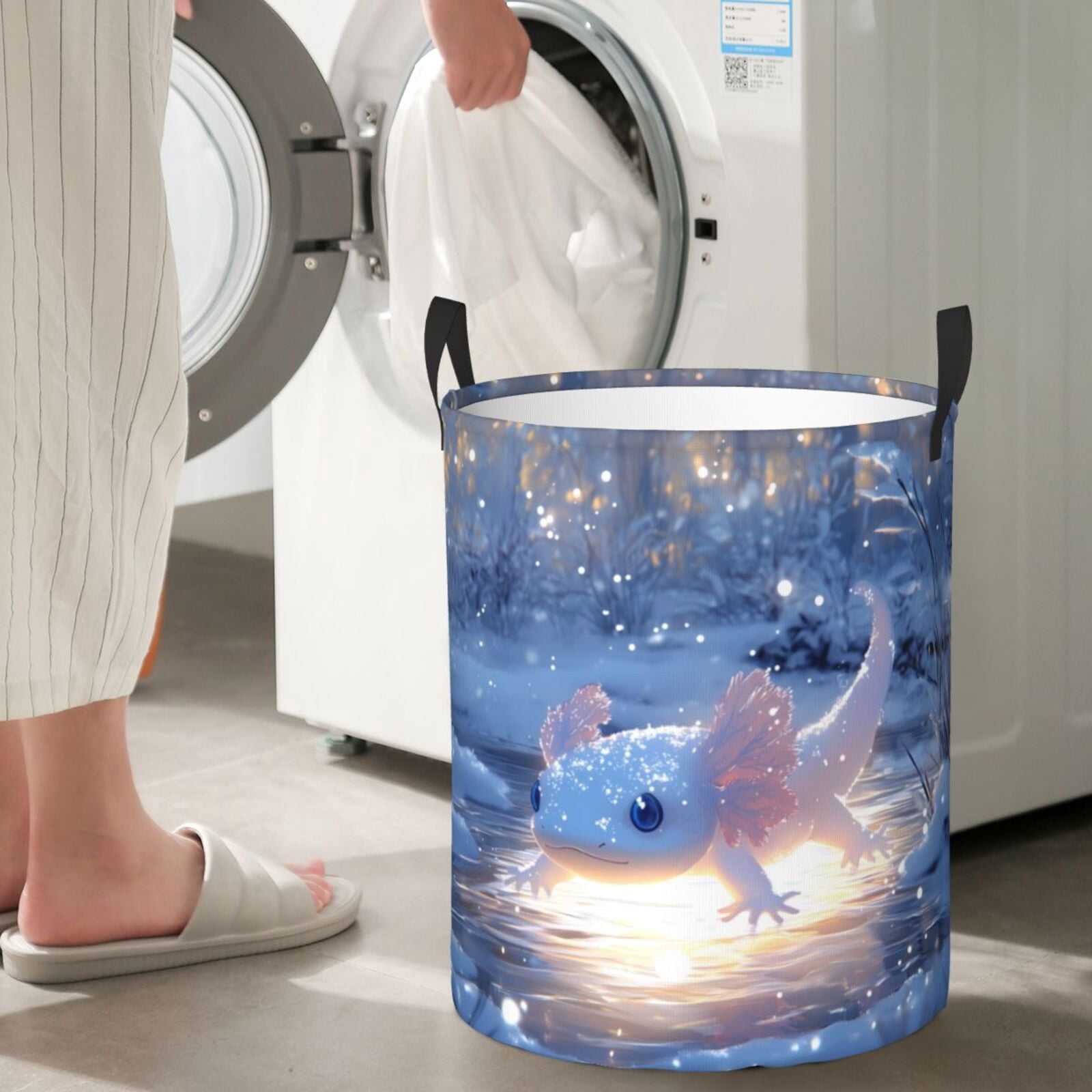 Large Laundry Basket with Handles - Winter Axolotl in Frozen Pond A Kids Baby Dirty Clothes Laundry Hamper for Bedroom Aesthetic
