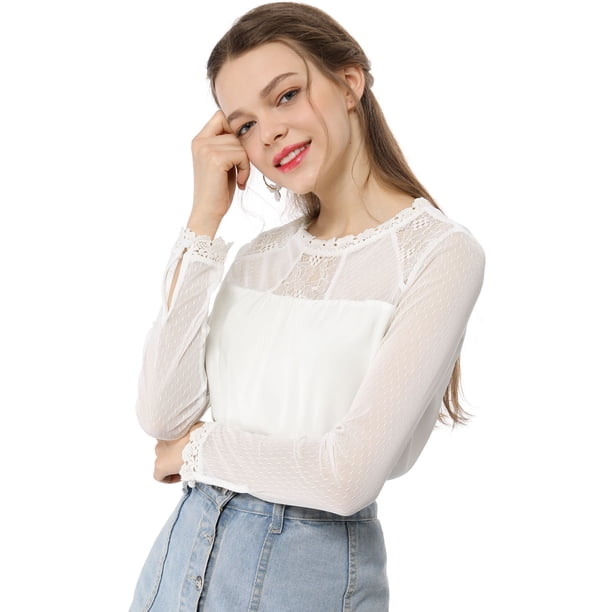 INSPIRAR CHIC Blusas Casuales de Cuello Redondo para Mujeres con Encaje Floral de Manga Larga de Chiffon XS Blanca