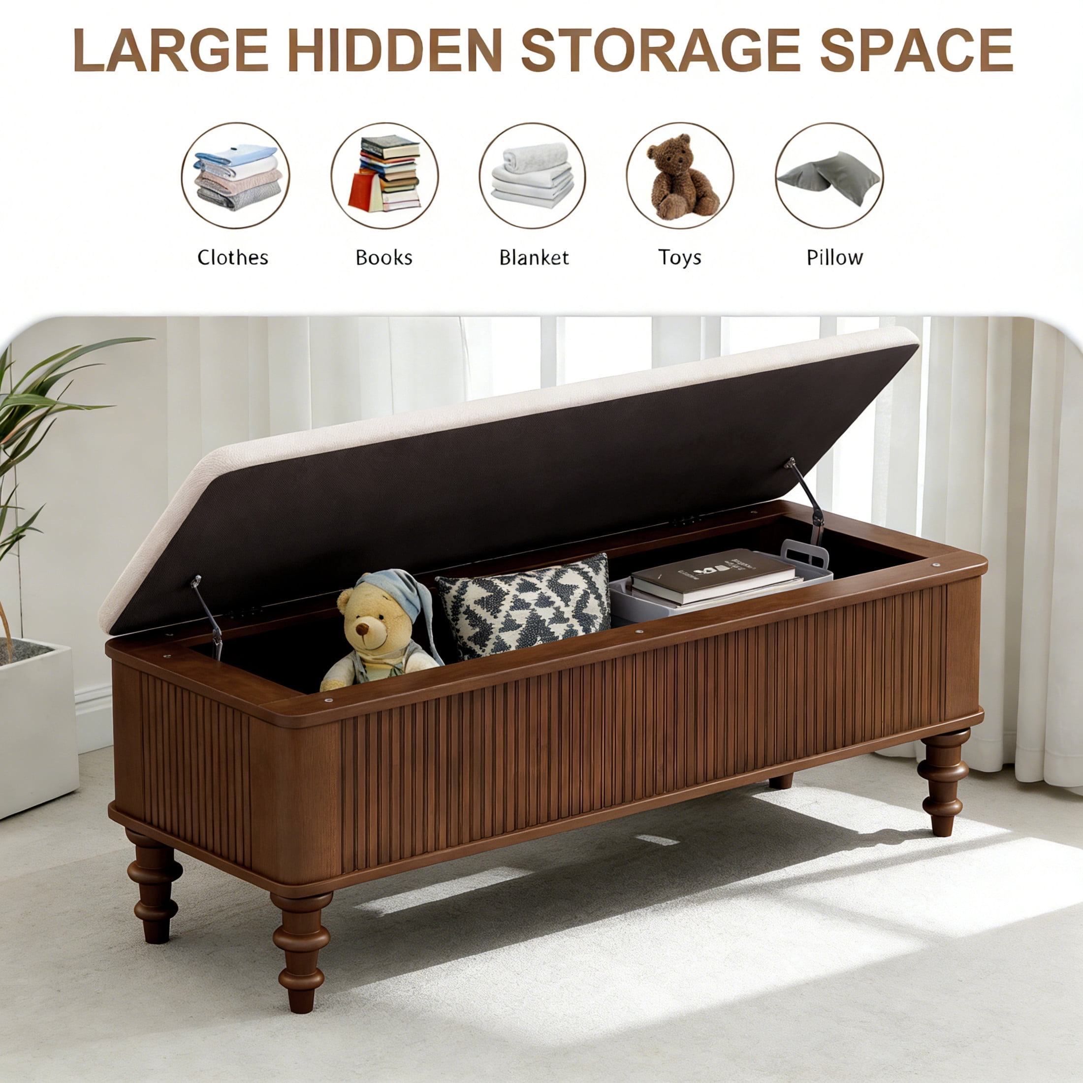 GDF Studio 50.8-Inch Storage Ottoman Bench with Beige Linen Seat, Solid Rubberwood Frame, Walnut