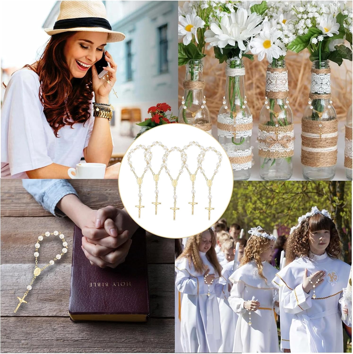 Christening Favours 12 Pack | 5.5cm Acrylic & Metal Rosary Beads | Religious Keepsakes for First Communion, Baptism, Wedding, Ramadan Party & Special Occasions | Lightweight & Elegant Decora