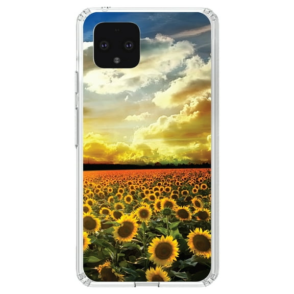 DistinctInk Clear Shockproof Hybrid Case for Google Pixel 4 (5.7" Screen) - TPU Bumper, Acrylic Back, Tempered Glass Screen Protector - Green Blue Yellow Sunflowers