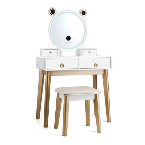 Pemberly Row MDF Vanity Dressing Table Set with Bluetooth Speakers in White/Gold