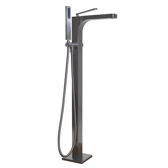 Westbrass 39" Floor Mount Ultra High Flow Tub Filler with Sleek Handheld Shower, Satin Nickel