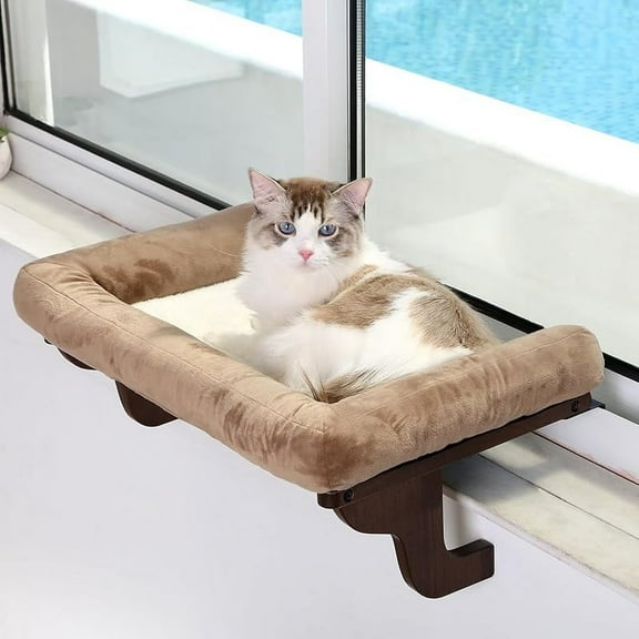 Zakkart Cat Perch for Window Sill with Bolster - Orthopedic Hammock Design with Premium Hardwood & Robust Metal Frame - Cat Window Seat for Large Cats and Kittens - Dark Stained Wood with Gray Bed