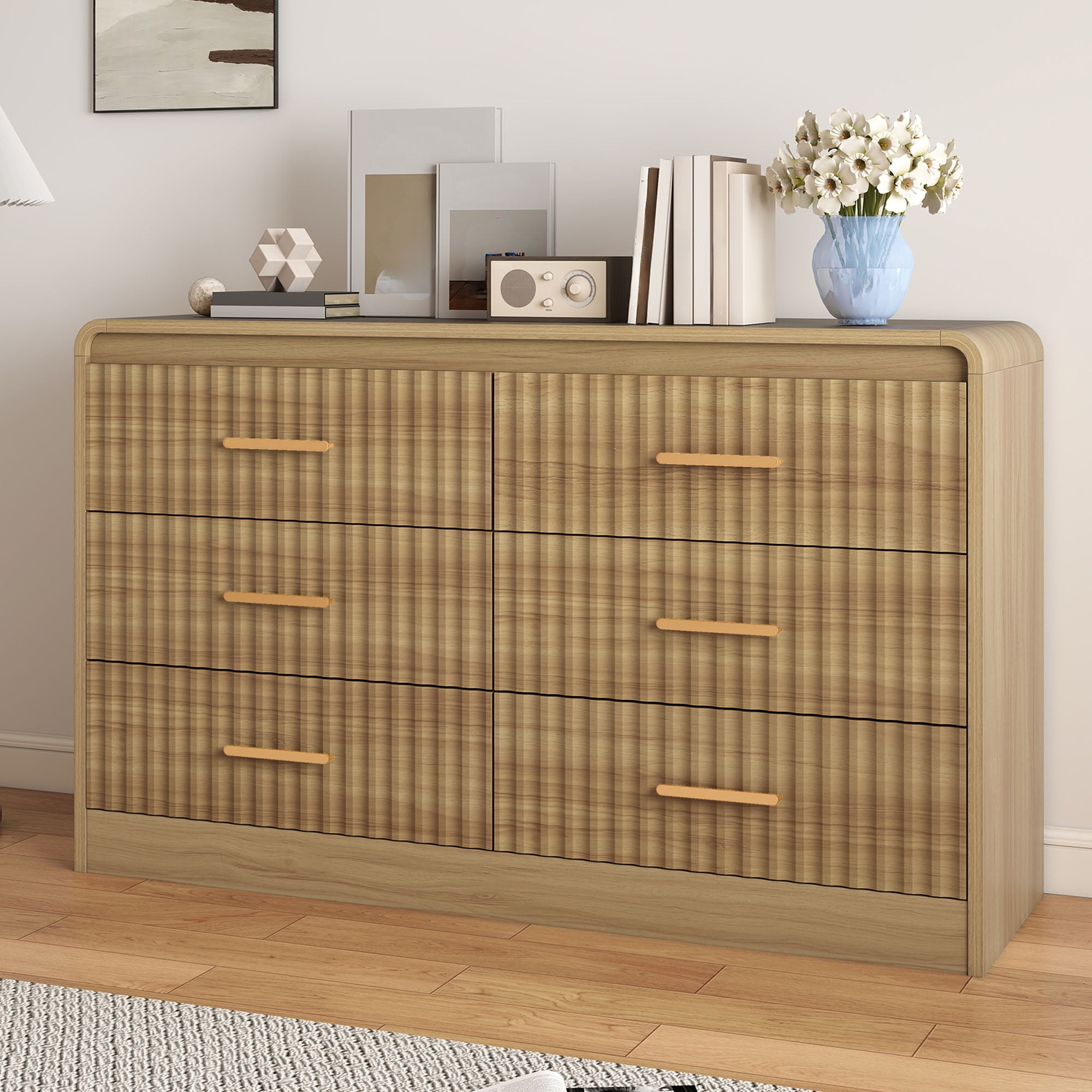 Uforic Chest of Drawers for Living Room, , or Entryway, Sturdy Fluted Dresser with 6 Drawers, Light Oak