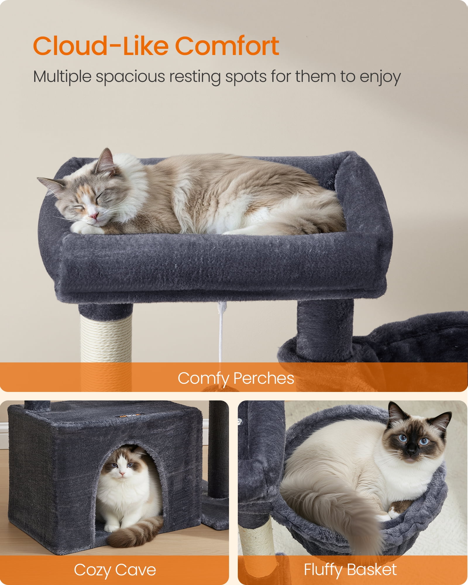 Feandrea Cat Tree, Cat Tower Condo with Scratching Posts and Ramp, 2 Large Perches, Cave, Basket, 33.8 Inches Tall, Dark Gray