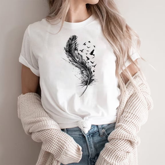 ClodeEU Women's Feather Print Short Sleeve Top ,Round Neck Casual Tee White 01,Womens Plus L