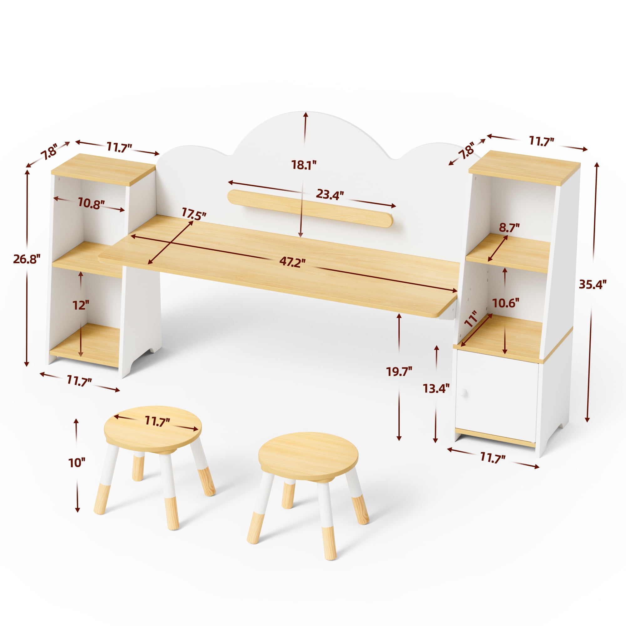 Joywind Kids Desk and Chair Set with Bookshelf & 2 Stools, 5-Storage Cabinet Study Table, Wooden Writing Desk for Children Ages 3-8, for Boys Girls Bedroom or Playroom