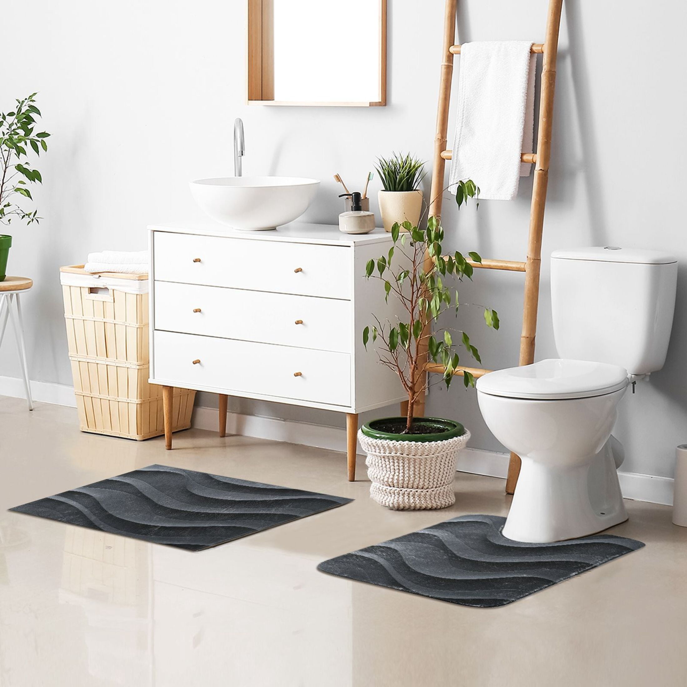 2 Piece Soft Bathroom Rug Set Dark Gray Wave Pattern Bath Mat and U-Shaped Toilet Contour Rug (16"x24"+20"x24")