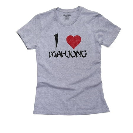 I Love Mahjong - Big Red Heart Asian Font Women's Cotton Grey T-Shirt