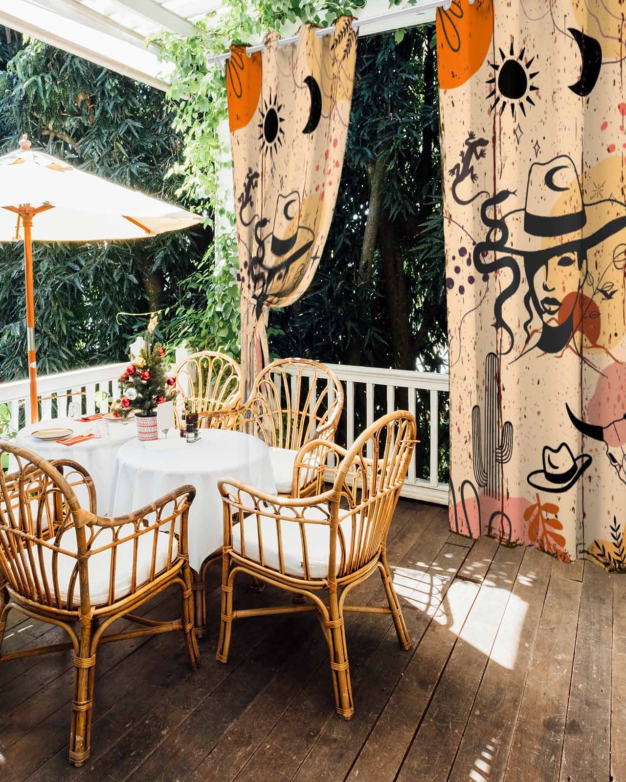 Western Boho Outdoor Curtains for Patio, Vintage Cowboys Abstract Cactus Plant Brown Privacy Drapes Grommet Waterproof Outside Curtains for Porch/Cabana/Balcony 54"x 84", 1 Panel
