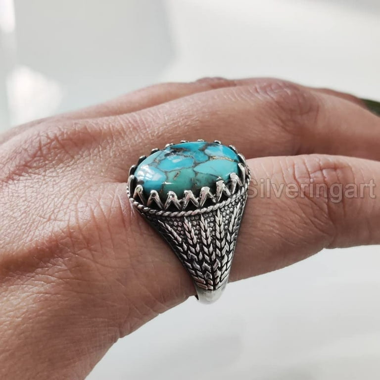 Blue Copper Turquoise Mans Ring Natural Copper Turquoise Ring Silver Jewelry 925 Silver Ring Birthday Gift Heavy Mens Ring Arabic Design